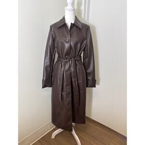 DKNY Chocolate Brown Faux Leather Long Sleeve Full Lenth Coat Sz S